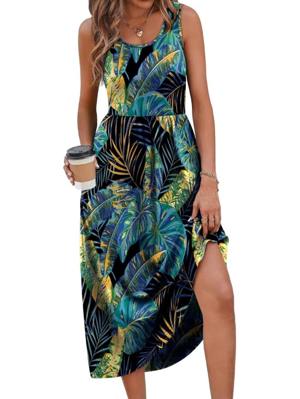 Women Blue Print Casual Midi Dress Sleeveless Pockets Beach Vacation Sundresses - Picture 4 of 5